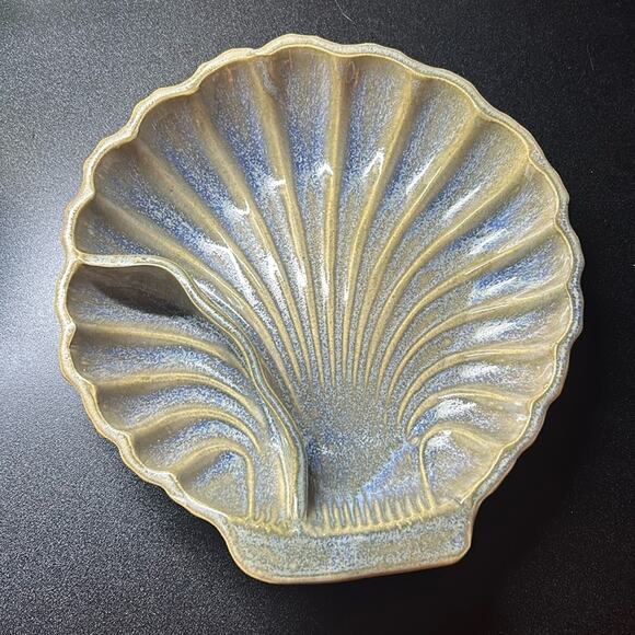 Nautical Shell Pottery Chip and Dip Dish Handmade Blue and Tan - Picture 1 of 3
